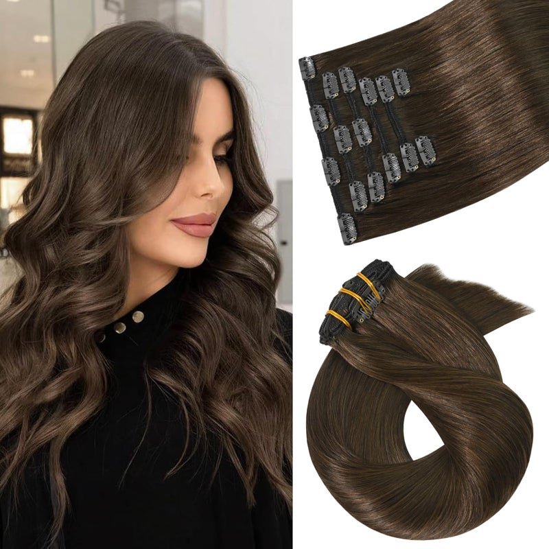 Aison Clip in Hair Extensions 120 Grams/4.2 Ounce 100% Brazilian Remy Human Hair Extensions 9A Thickened Soft Silky Straight for Fashion Women 7pcs 17clips Full Head(18Inch Medium Brown #4) - Image 1
